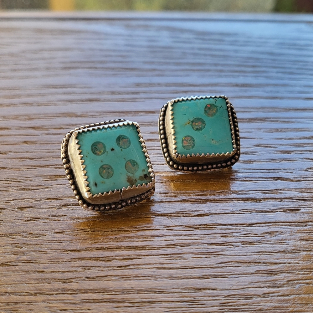 Opal inlay sterling silver dice earrings handmade
